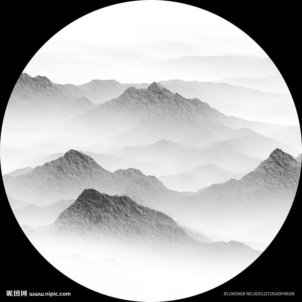 圆形水墨山水意境图
