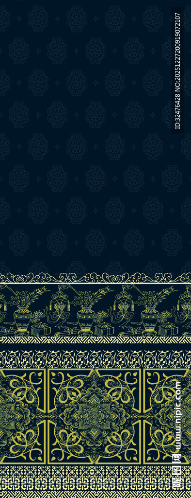 深蓝底饰绿色花纹图案汉服