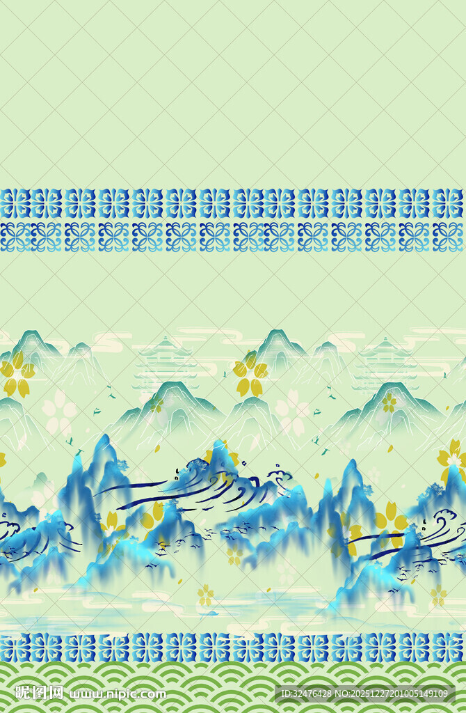 中式山水纹样装饰图案汉服