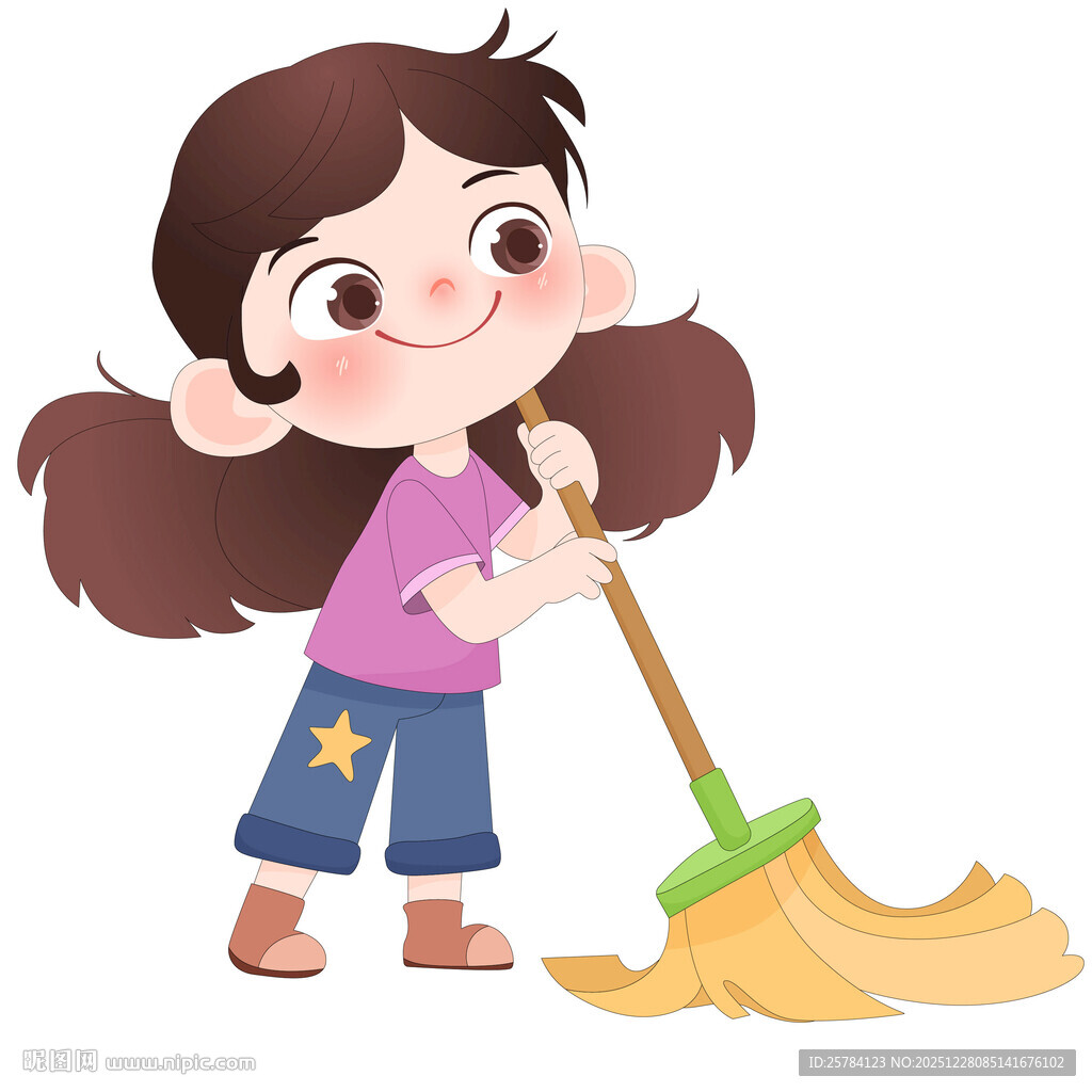 孩子做家务拿扫把扫地儿童插画
