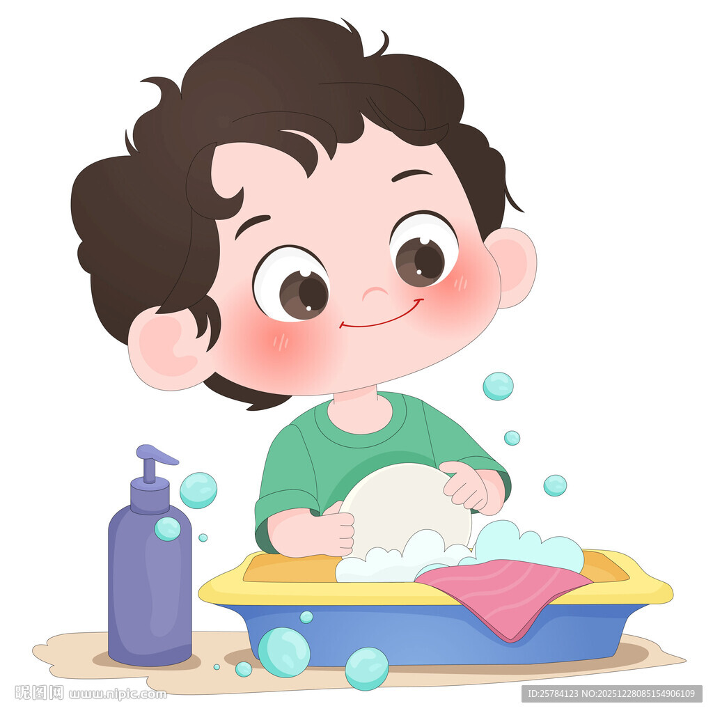 孩子做家务水池刷盘子泡泡插画