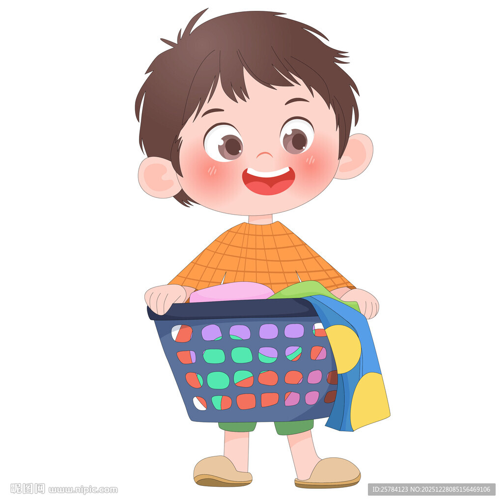 孩子做家务洗衣服脏衣服篮插画