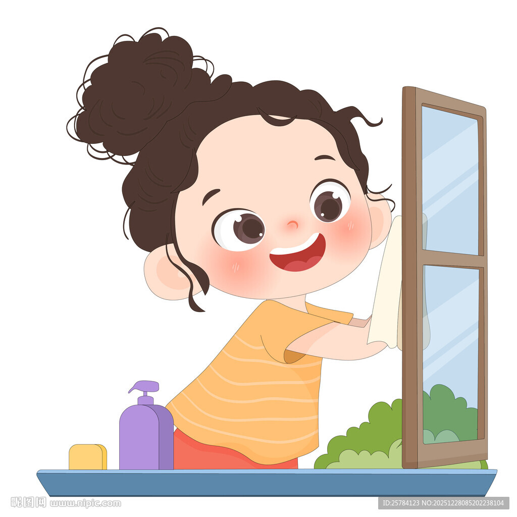 孩子做家务擦窗户打扫卫生插画