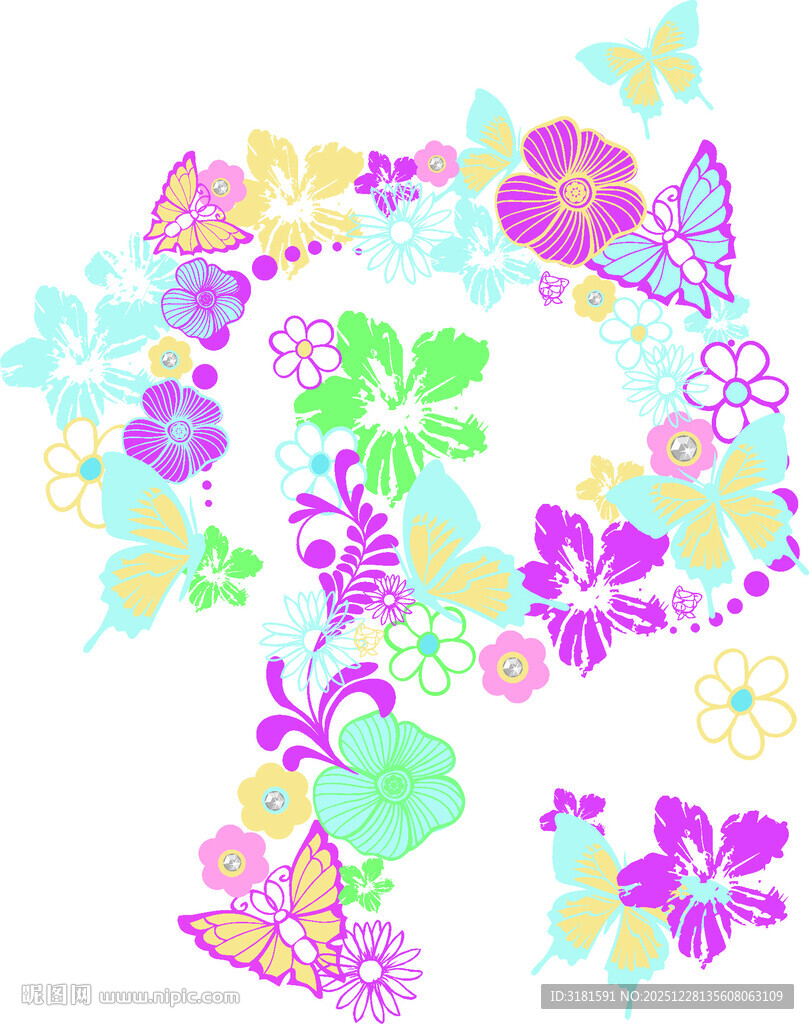 多彩花卉蝴蝶装饰图案