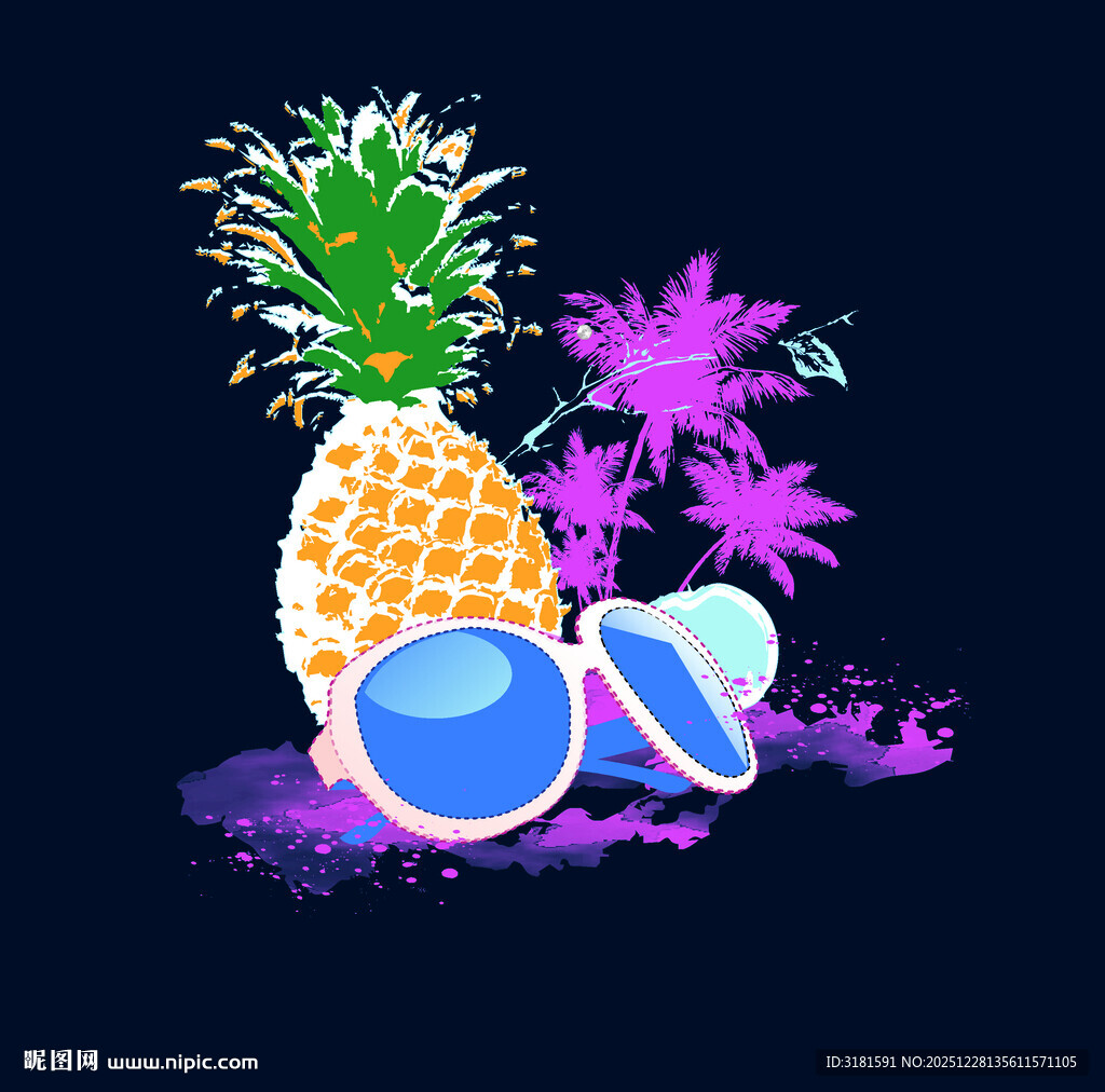 夏日菠萝与度假元素插画