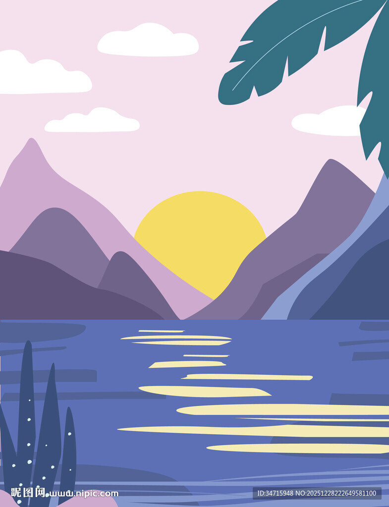 山间夕阳下的宁静湖景