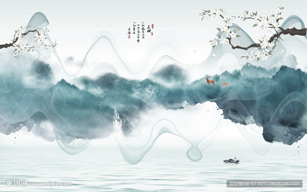 新中式水墨山水抽象意境梨花中堂