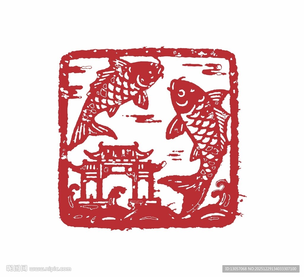 中式鲤鱼古建筑剪纸图案