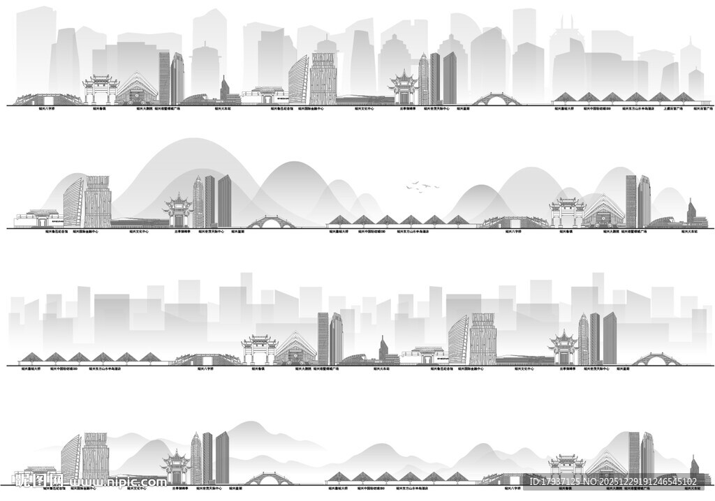 绍兴浙江城市建筑线描插画地标