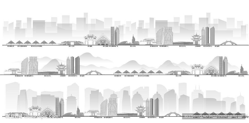 绍兴浙江城市建筑线描插画地标