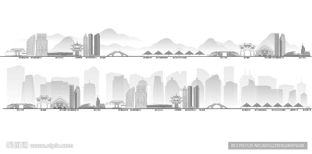 绍兴浙江城市建筑线描插画地标