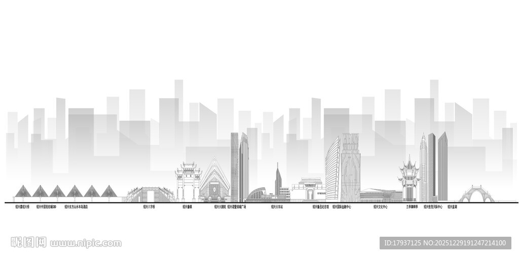 绍兴浙江城市建筑线描插画地标