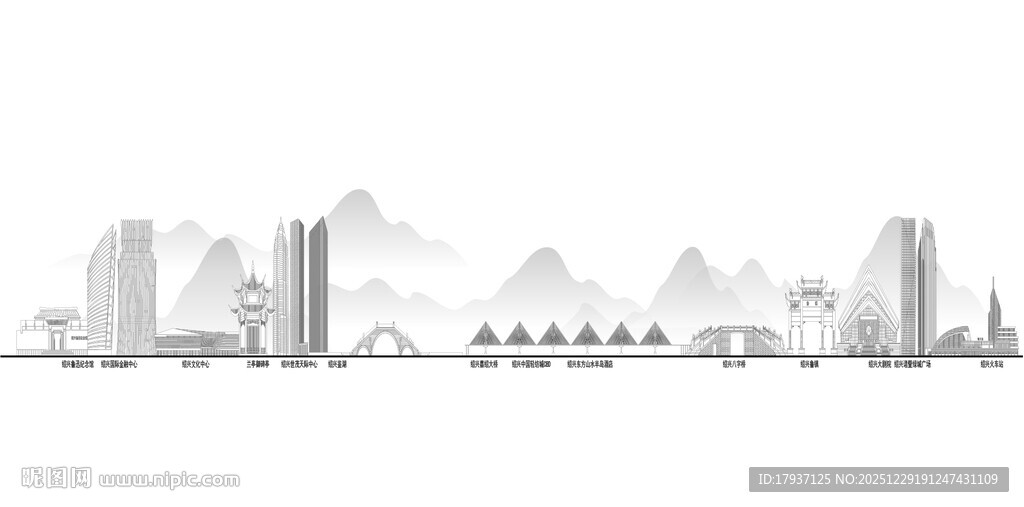 绍兴浙江城市建筑线描插画地标