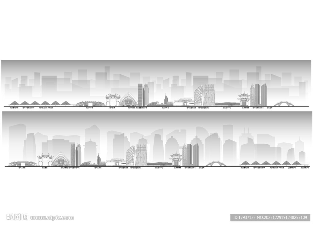 绍兴浙江城市建筑线描插画地标