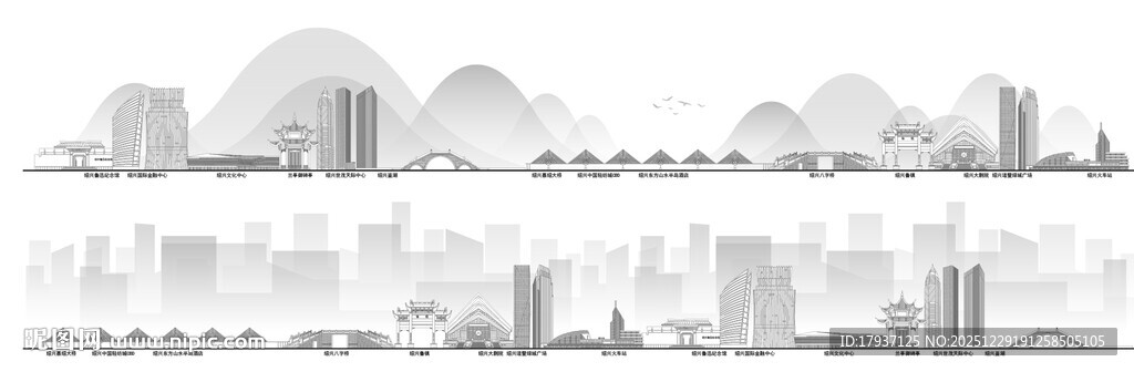 绍兴浙江城市建筑线描插画地标