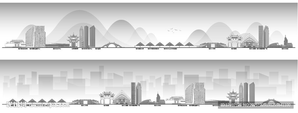 绍兴浙江城市建筑线描插画地标