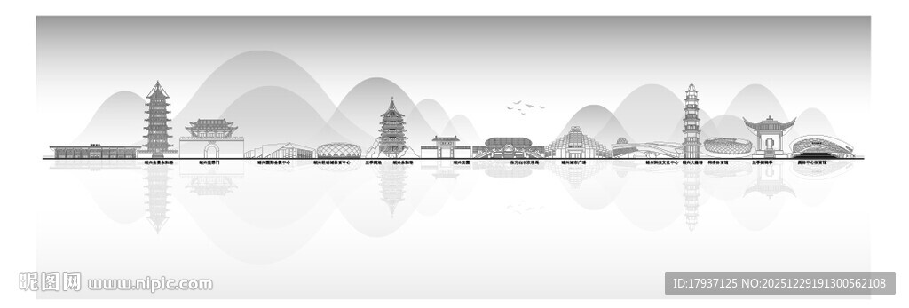 绍兴浙江城市建筑线描插画地标