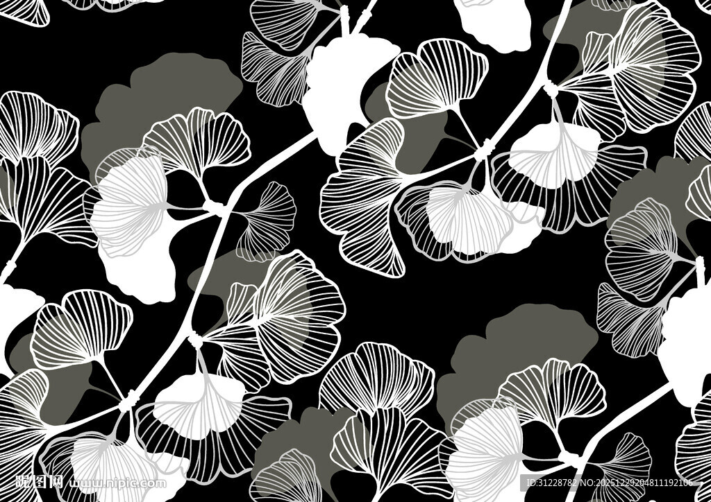 黑白银杏叶图案背景