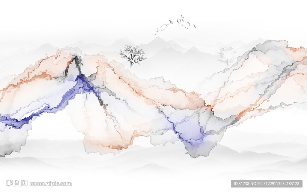 抽象水墨线条烟雾山水电视背景墙