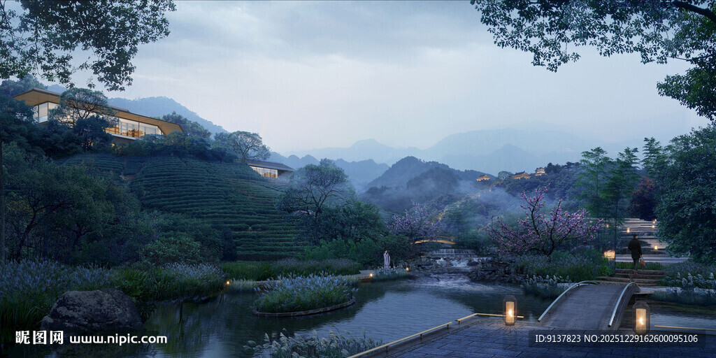 山间村落暮色美景