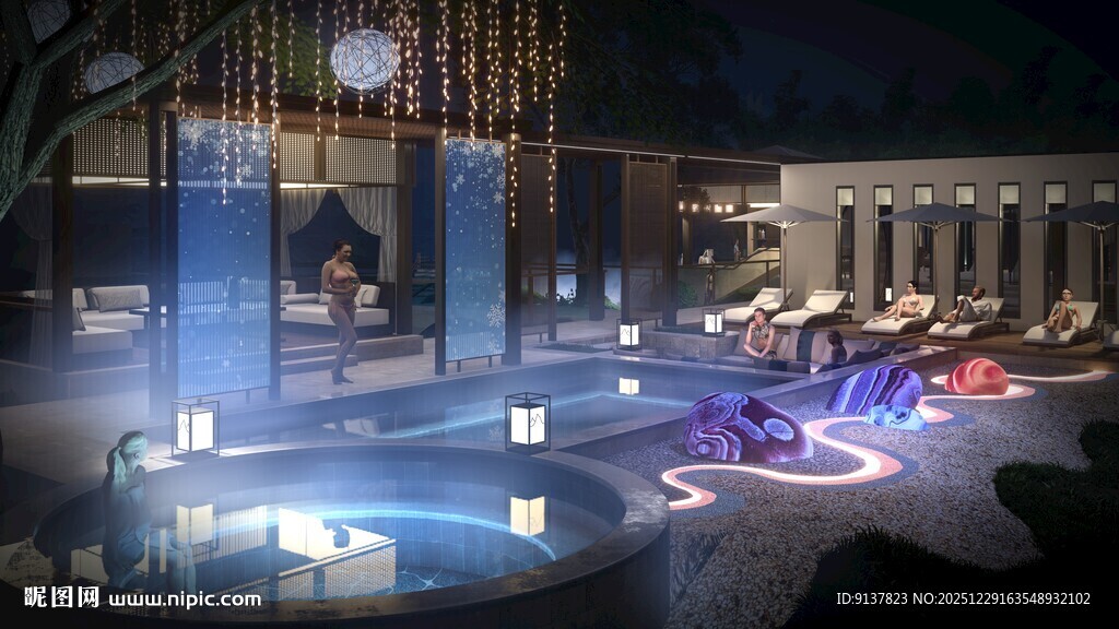 梦幻夜景中的休闲泳池区域