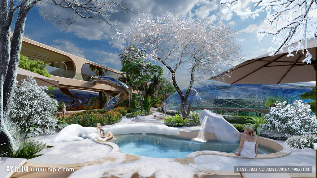 梦幻雪景中的户外温泉景观