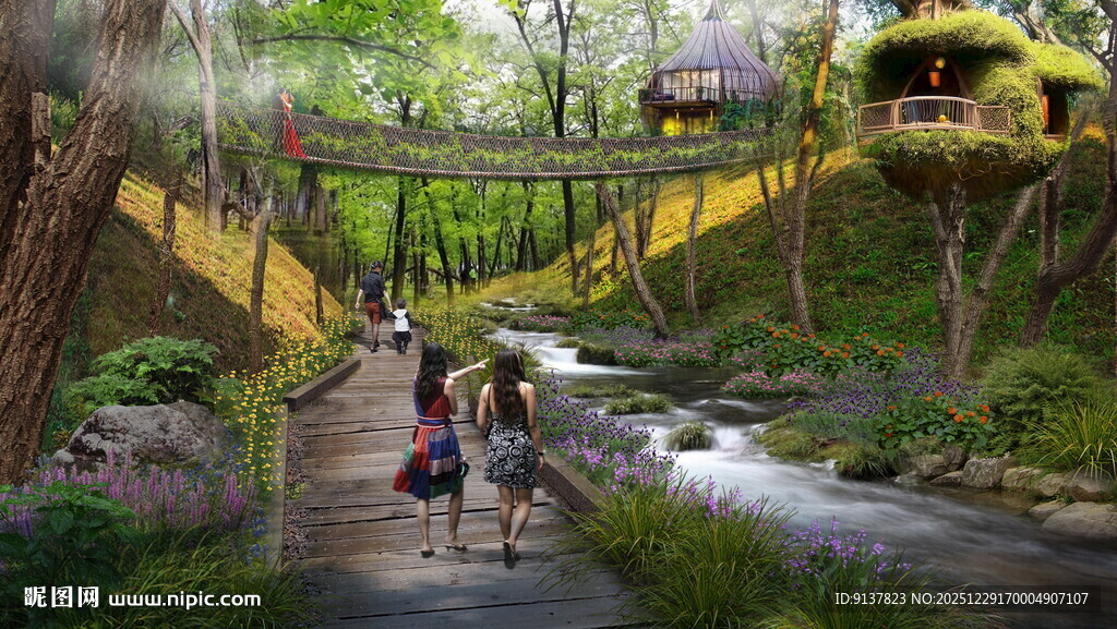 漫步溪边小道的惬意场景