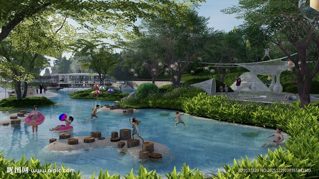 泳池中人们惬意享受时光