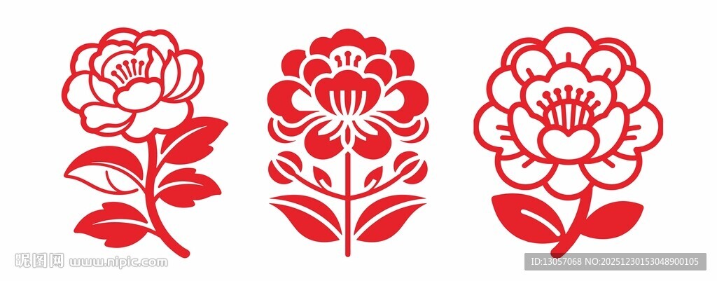 三朵剪纸风格花卉图案