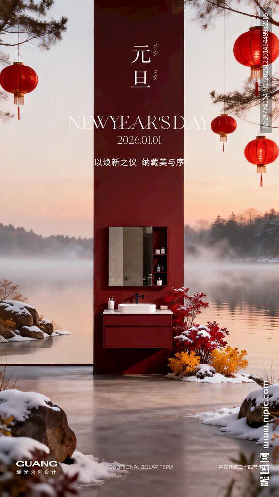 元旦节日海报浴室柜