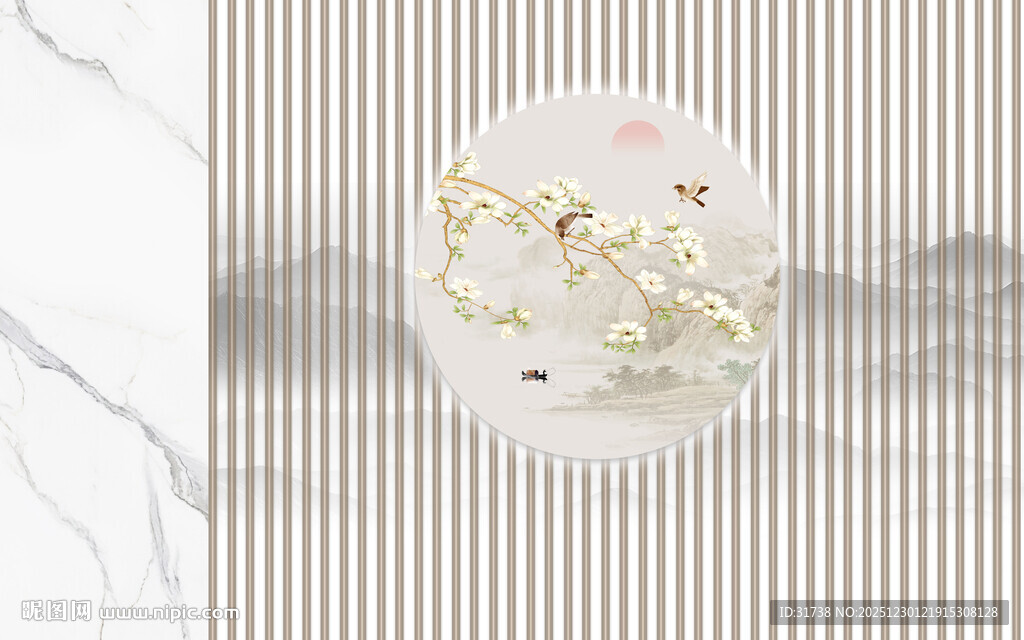 新中式花鸟画山水格栅背景墙