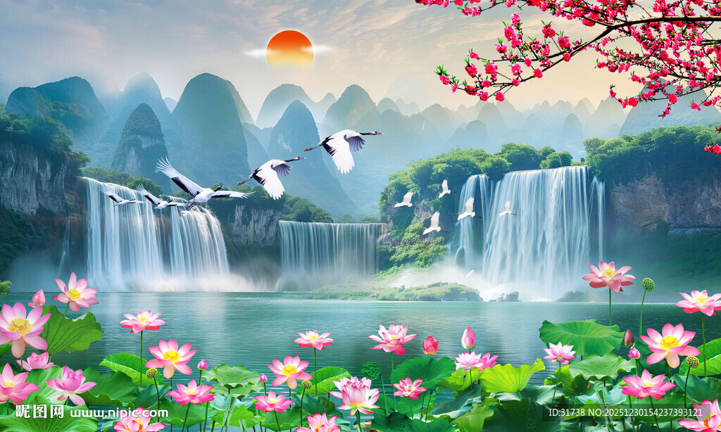 荷花山水风景画