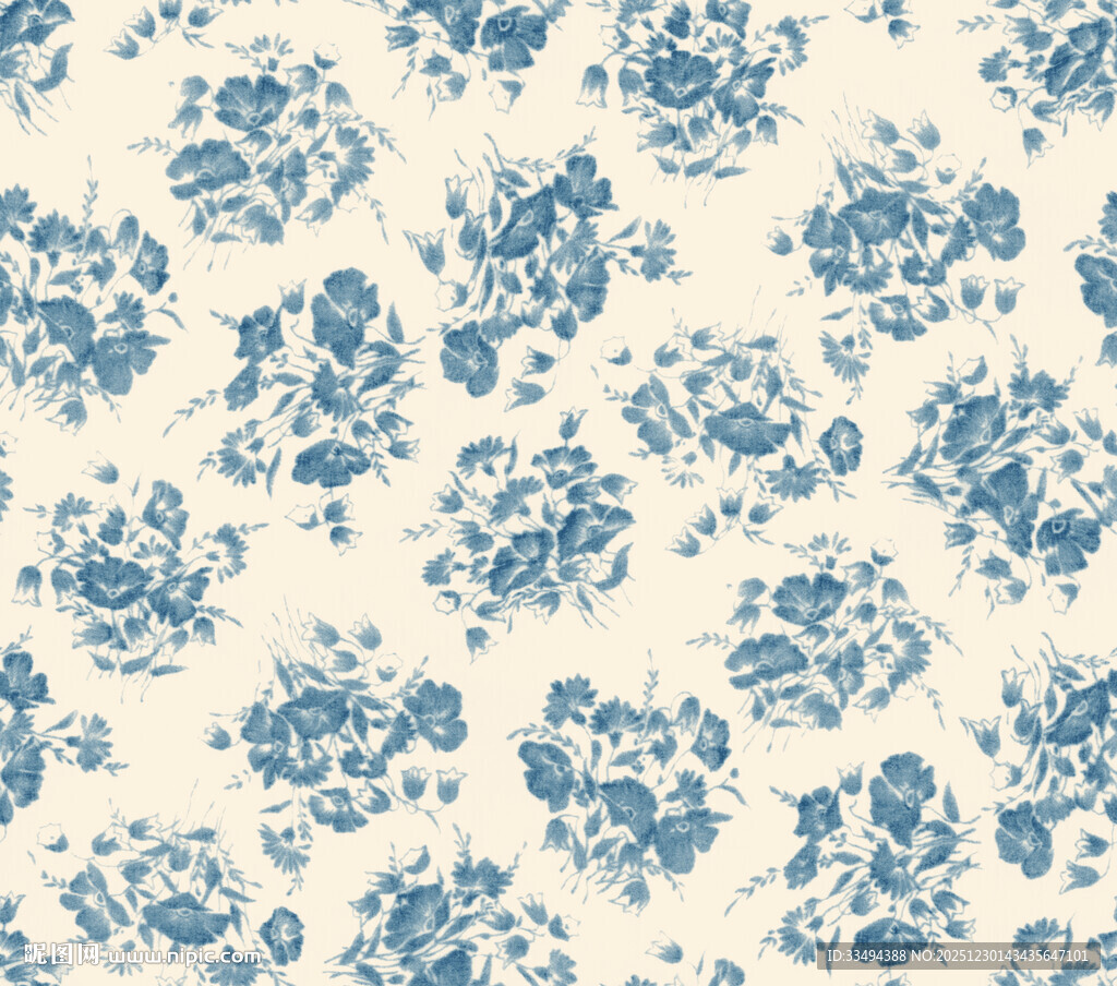 蓝白花卉图案布料纹理