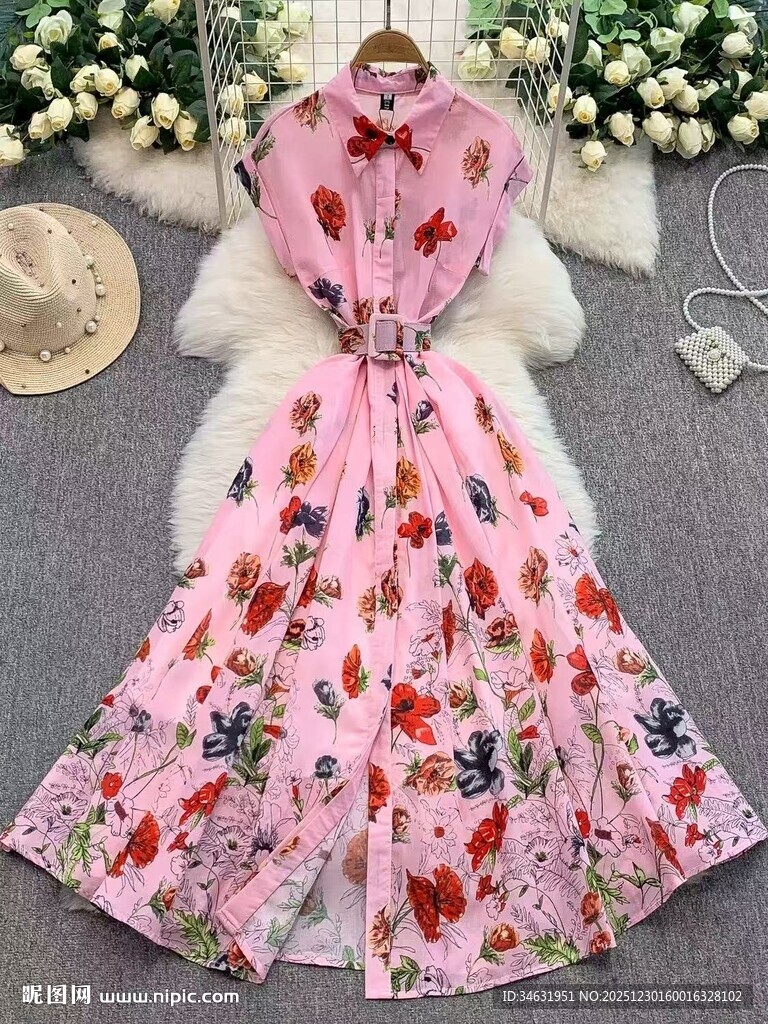 粉色印花长款连衣裙展示