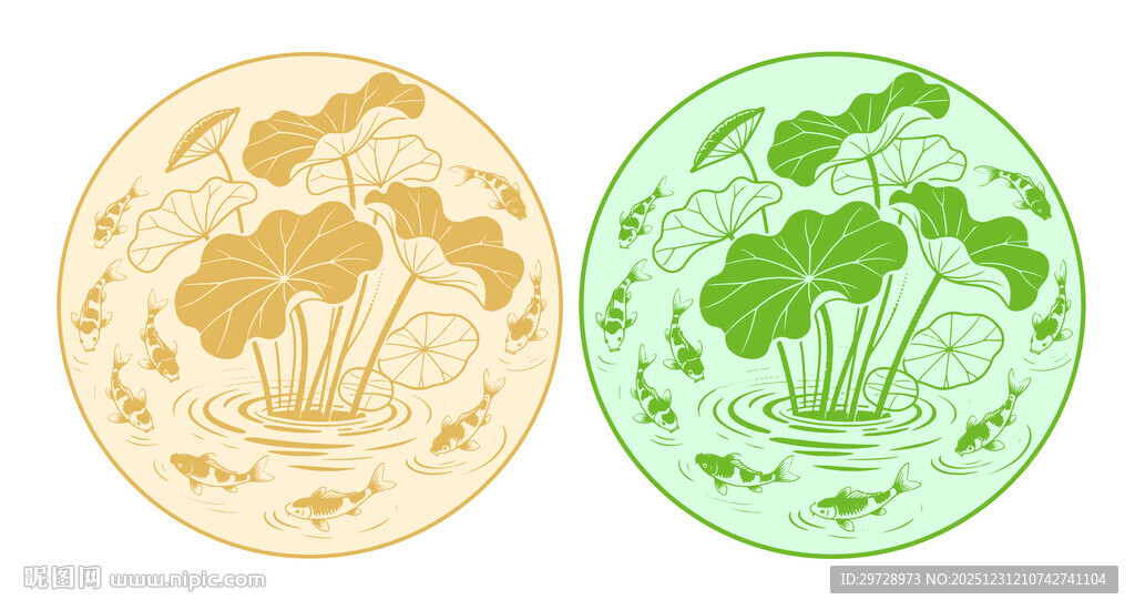 圆形锦鲤戏荷矢量图