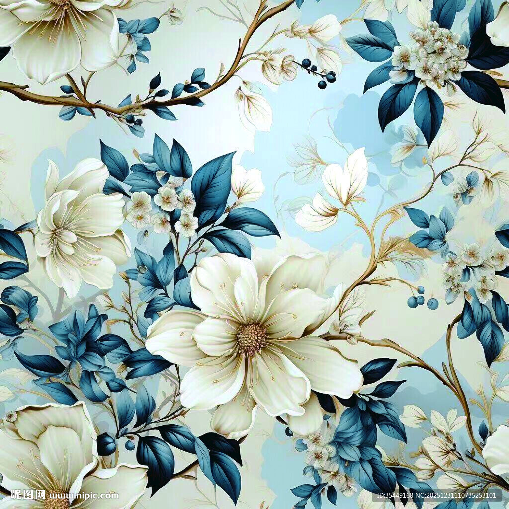蓝白花卉图案背景纹理