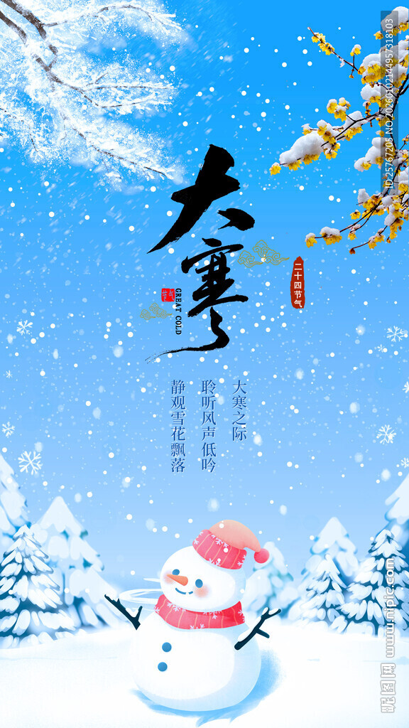 大寒雪景中的可爱雪人