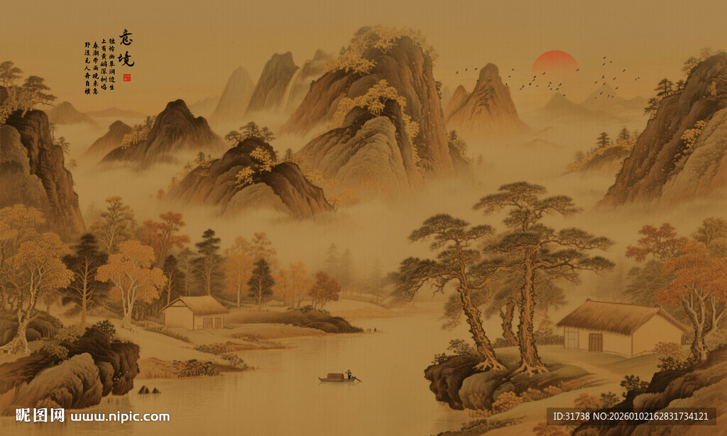 新中式古画国画山水背景墙壁画