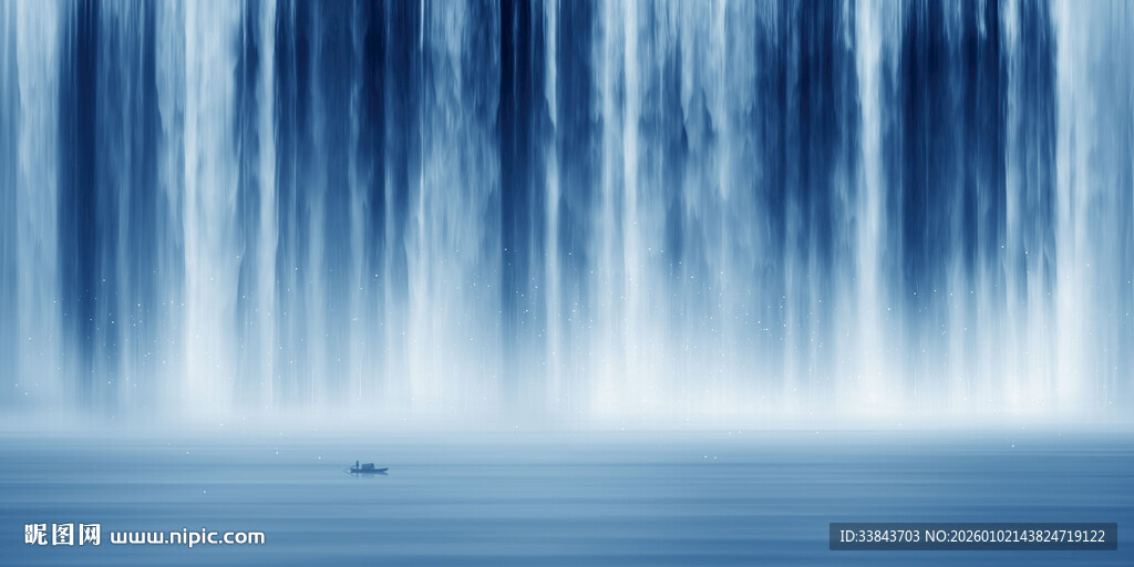 招财瀑布山水画