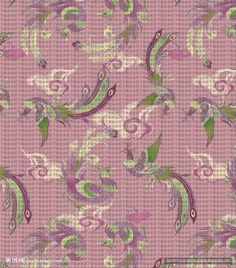 粉色底花卉飞鸟 国风