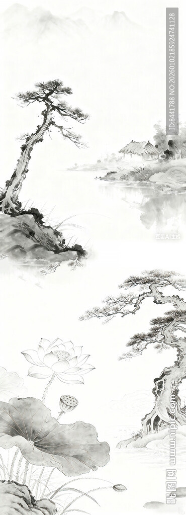 水墨山水间的松树景致