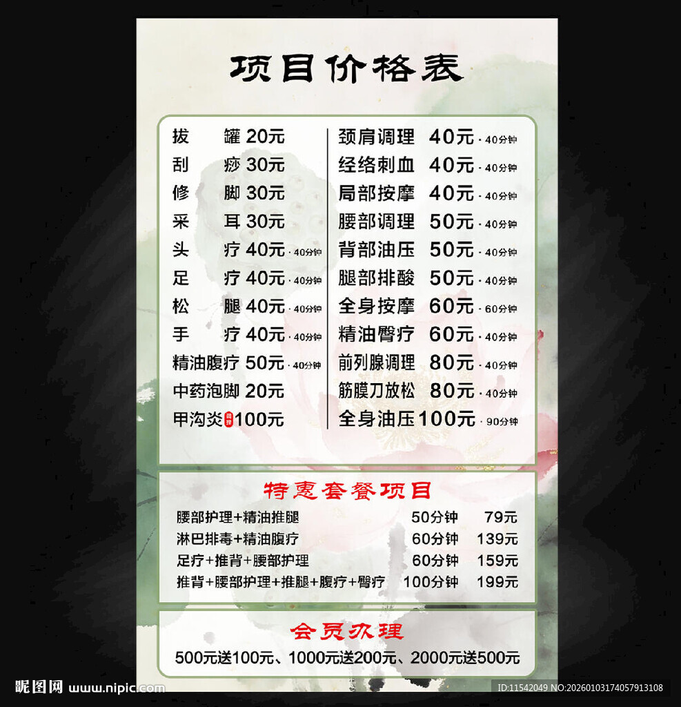 项目价格表展示