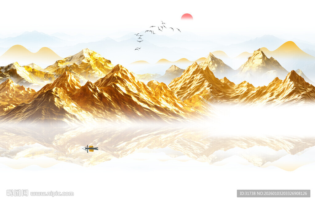 金色山山水画背景墙