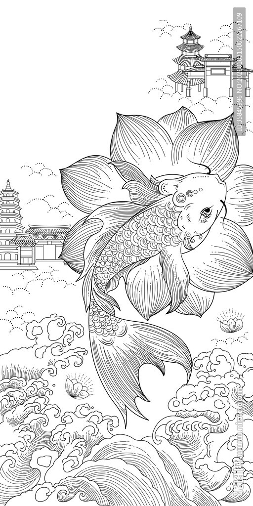 锦鲤手绘图全矢量线条勾勒