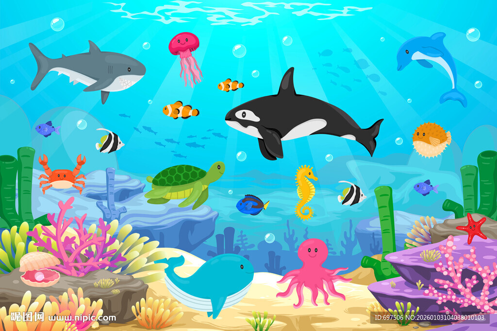 可爱海豚卡通海底鲸鱼珊瑚背景墙