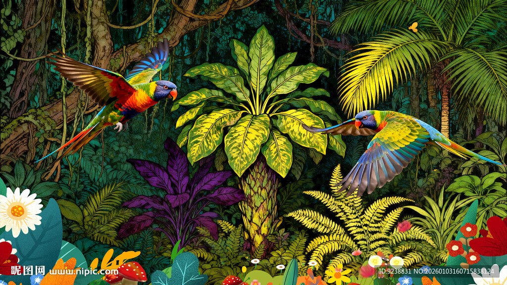 热带雨林鹦鹉植物背景