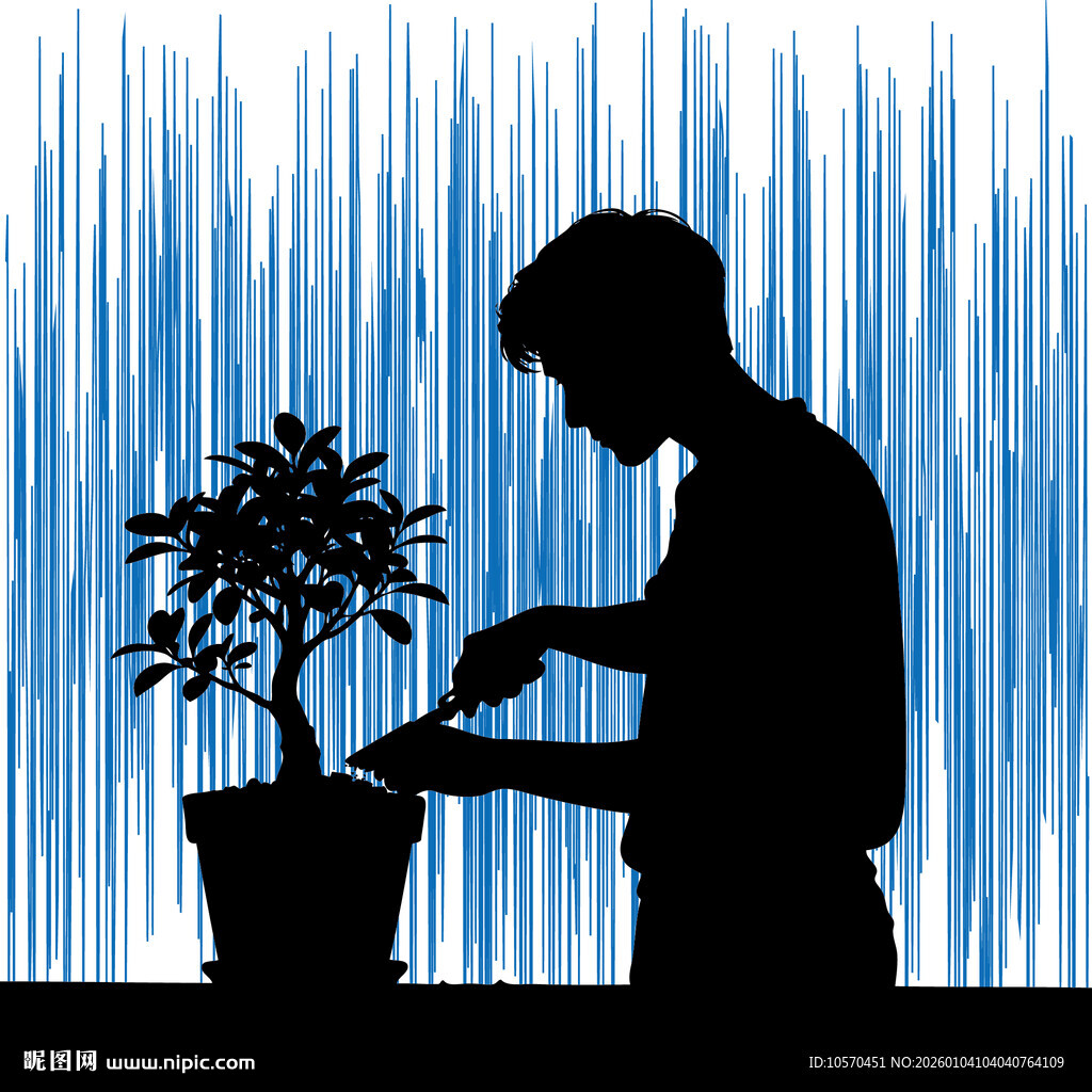 男子剪影专注打理盆栽