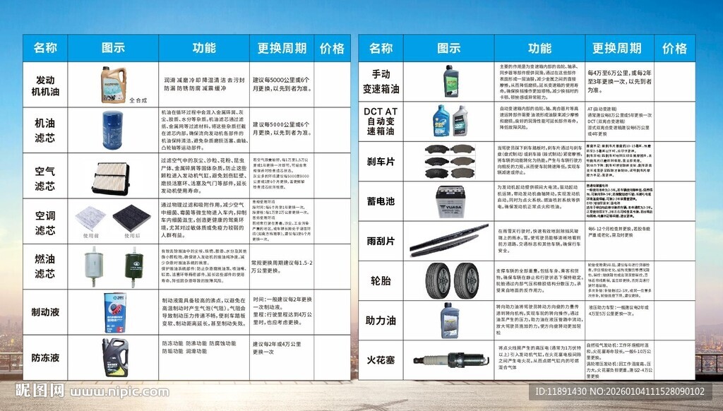汽车售后价格表