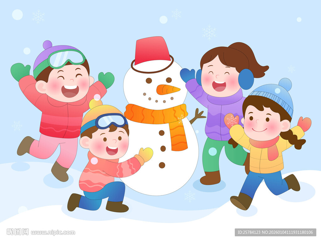 冬季孩子雪地堆雪人嬉戏玩耍插画