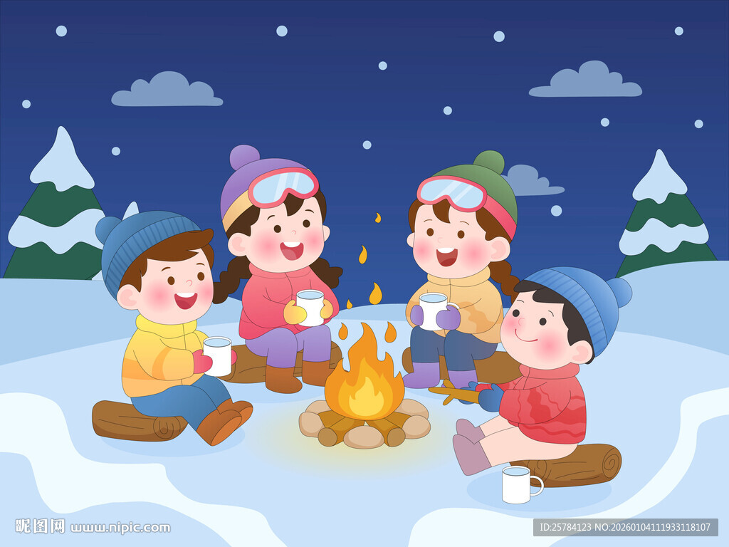 冬季孩子露营雪地篝火晚会插画